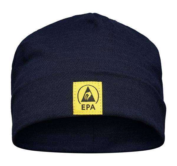 Die Mütze ist dunkelblau und hat eine schlichte, eng anliegende Form. Auf der Vorderseite befindet sich ein gelbes Etikett mit einem schwarzen Symbol und der Aufschrift ?EPA?.