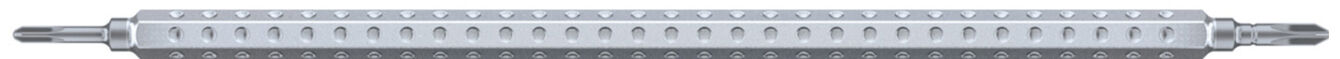 Das Bild zeigt einen langen, schmalen Metallzylinder mit einer geriffelten Oberfläche. Er hat an beiden Enden je einen dünnen, hervorstehenden Teil. Die Oberfläche wirkt kühl und glatt.