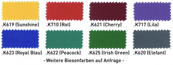 Das Bild zeigt eine Farbkarte mit acht rechteckigen Stoffmustern. Oben sind Gelb, Rot, Cherry und Lila. Unten sind Royal Blau, Peacock, Irish Green und Elefant.