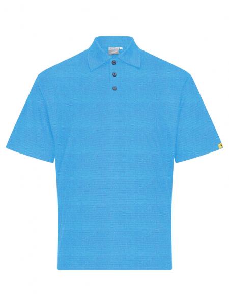 Das Bild zeigt ein hellblaues Poloshirt mit kurzen Ärmeln. Es hat einen klassischen Kragen, drei Knöpfe und eine strukturierte Oberfläche. Ein kleines, gelbes Detail ist am Ärmel.