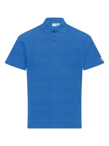 The image shows a short, blue polo shirt. It has a classic collar, three buttons, and a simple, straight shape. There is a small logo on one sleeve.