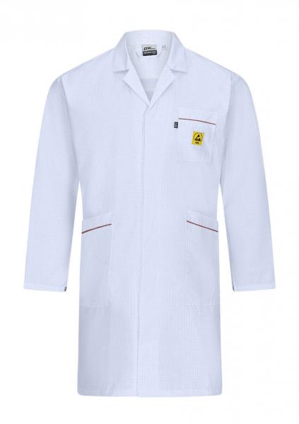 The image displays a white lab coat with long sleeves. It features a classic collar, two side pockets, and a chest pocket with a yellow logo. Red stitching accents the coat.