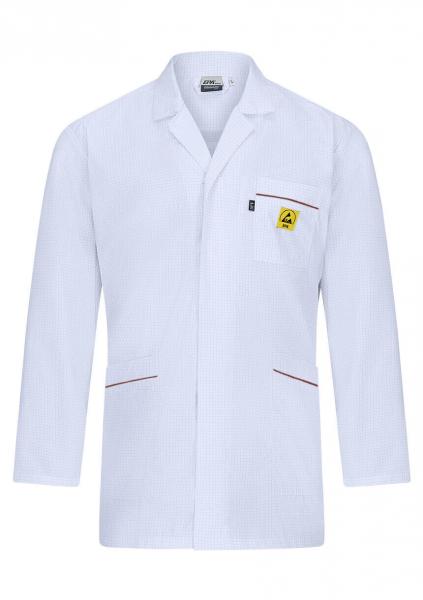 The image shows a white coat with long sleeves. It has a collar, two side pockets, and a chest pocket with a yellow logo. The coat is designed simply and professionally.