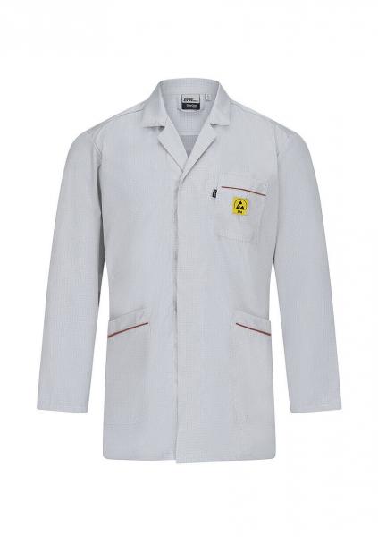 The image shows a white lab or doctor's coat with long sleeves. It has a simple cut, two side pockets, and a yellow logo with a symbol. The coat looks professional and functional.