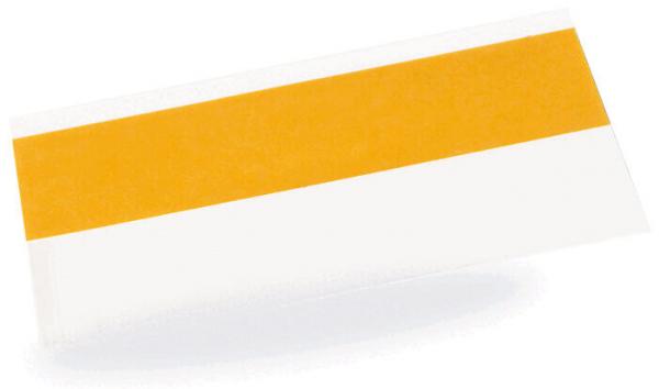 The image shows a rectangular strip. The top is covered with a wide yellow area, while the rest remains white. The object appears to be flat and smooth.