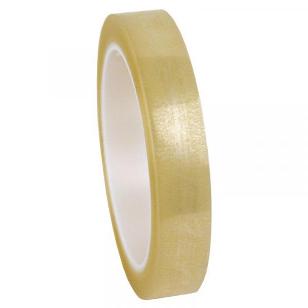 Das Bild zeigt eine Rolle durchsichtiges Klebeband auf einem weißen Hintergrund. Die Rolle hat einen glatten, glänzenden Rand und ist etwa fingerbreit.
