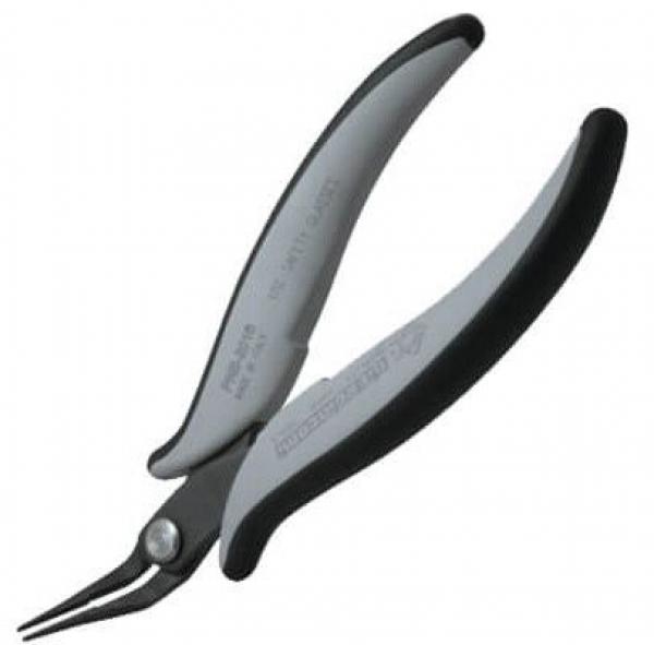 Es handelt sich um eine Zange mit langen, schmalen Backen. Der Griff ist ergonomisch geformt, schwarz und grau. Sie eignet sich gut für präzise Arbeiten.