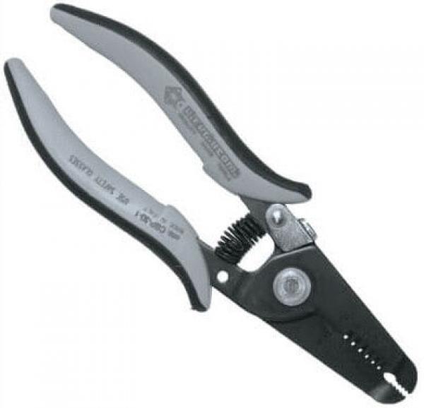 The image shows a gray and black garden shear with ergonomically shaped handles. The cutting blade is pointed, and there is a spring between the handles for automatic recoil.