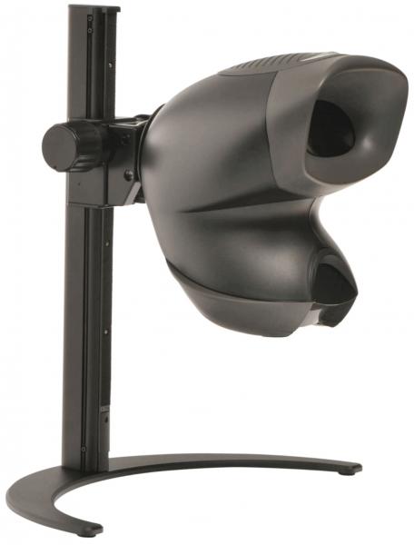 Das Bild zeigt ein schwarzes, technisches Gerät mit zwei runden Öffnungen an der Vorderseite, montiert auf einem stabilen Standfuß. Es hat eine glatte, ergonomische Form.