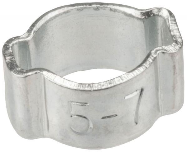 The image shows a silver, metallic U-shaped clamp with a marked number "5-7" on the outside. It has a smooth surface and is hollow inside.