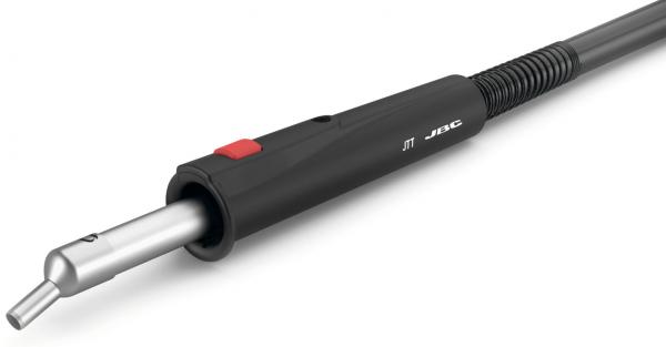 The image shows a soldering iron with a smooth, silver metal tip and a black handle. The handle has a red button and a spiral cable attached to it.