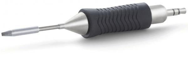 The image shows a screwdriver with a non-slip, rubberized handle and a narrow, metallic blade. The handle surface has a wavy pattern for better grip.
