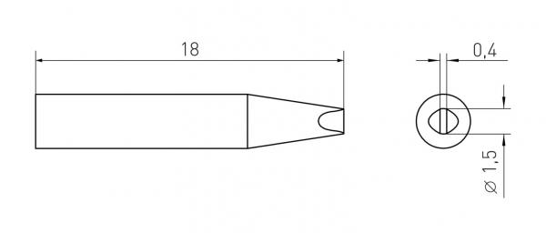 Das Bild zeigt eine technische Zeichnung eines Objekts. Es hat eine längliche, spitze Form mit einem Durchmesser von 18 mm an der dicksten Stelle und einem runden Ende mit einem Durchmesser von 1,5 mm.