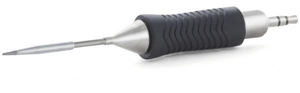 The image shows a tool that looks like a narrow pen. It has a rubberized grip with grooves for better hold and a pointed, metal working surface at the front.