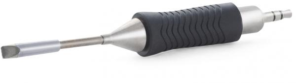 Das Bild zeigt einen Schraubendreher mit einer langen, schmalen, Metallspitze und einem gummierten, ergonomischen Griff. Der Griff hat eine strukturierte Oberfläche für besseren Halt.