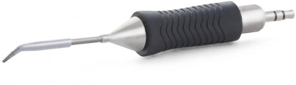 The image displays a tool with a long, curved stainless steel head and a handle made from non-slip material. The handle has a textured surface for improved grip.
