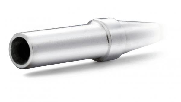 The image shows an elongated, silver object with a conical end. It has a round, hollow entrance and a smooth, metallic surface.