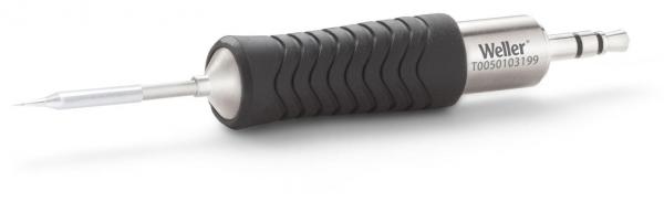 The image shows a soldering iron with an ergonomic handle made of non-slip rubber. The handle is black and has a textured surface for better grip. The tip is shiny and metallic.