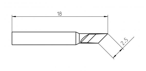 The image displays a technical drawing of a tool. It features a straight, wide edge and an angled tip. Dimensions are provided: 18 mm wide, 2.5 mm height.
