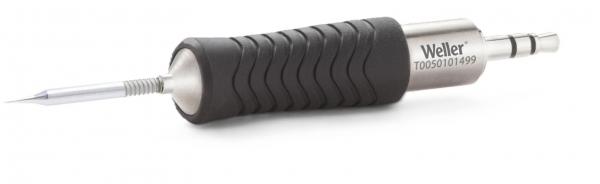 The image shows a soldering iron with a non-slip rubber grip and a metallic tip. The handle has a curved surface for better grip.