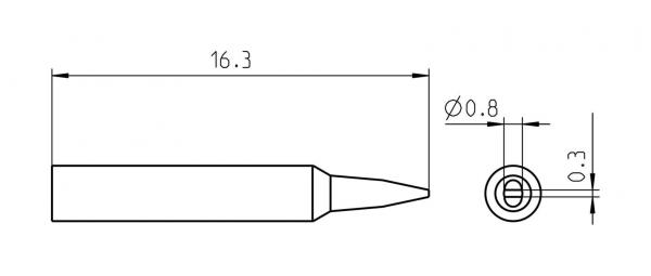 The image displays a technical drawing of an object. It has a length of 16.3 mm, a pointed shape, and a hole with a diameter of 0.8 mm. The height of the hole is 0.3 mm.