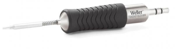 The image shows a screwdriver with a rubberized, non-slip handle. The handle is black with elongated grooves and has a metallic part that leads to the tip.