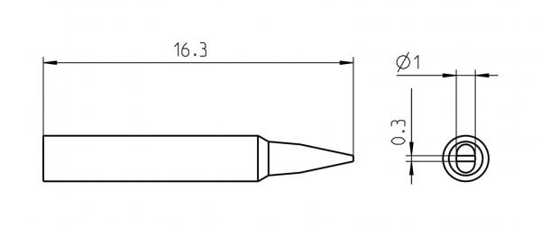 The image displays a technical drawing of a part. It has an elongated shape with a pointed tip. At one point, the diameter and dimensions are specified: 16.3 mm, Ø1 mm, and 0.3 mm.