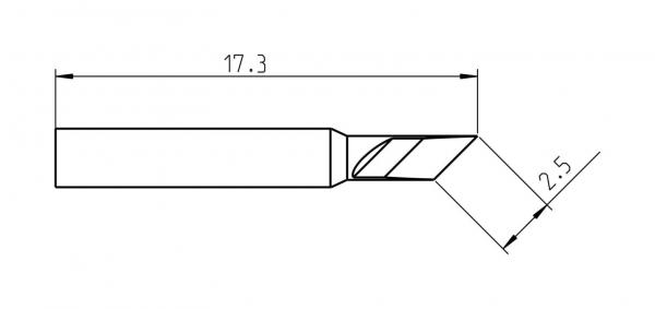 The image displays a technical drawing of a tool with a narrow, angled end. Dimensions are provided: 17.3 mm in length and 2.5 mm in width. The end has a special shape for precise applications.