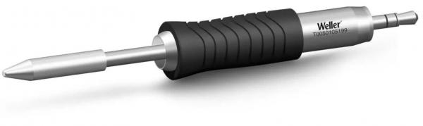 The image shows a soldering iron with a metallic tip and a rubberized, non-slip grip. It has a sleek shape and is ideal for delicate work in electronics.