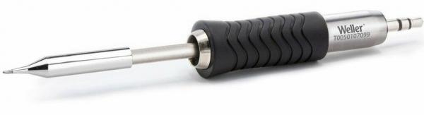 The image shows a screwdriver with an ergonomic, rubberized black-striped handle. The metal tip is shiny and narrow, the handle has a silver surface.