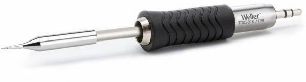 The image displays a soldering iron with a gray, rubberized handle. The metallic iron features a pointed tip and an ergonomic shape that fits comfortably in the hand.