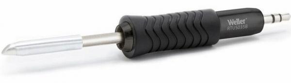 The image shows a soldering iron with a black, ribbed handle. The tip is metallic and tapered, ideal for precise soldering. The handle provides a good grip.