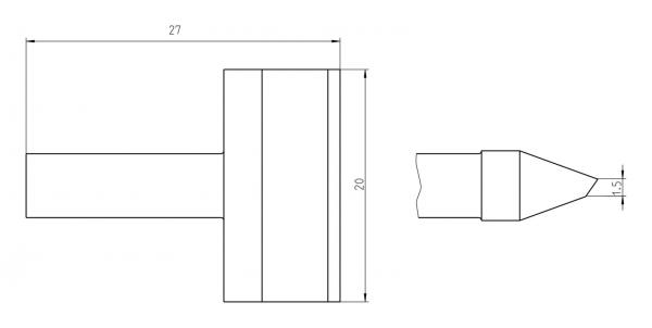 Das Bild zeigt eine technische Zeichnung eines Bauteils. Es hat eine zylindrische Form mit einem kürzeren, spitz zulaufenden Ende. Maße sind angegeben: 27 mm und 20 mm hoch.