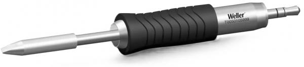 The image shows a screwdriver with a metallic, pointed tip and a rubberized, non-slip handle. The handle has a textured surface for improved grip.