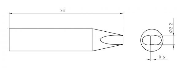 The image displays a technical drawing of a cylindrical object with a pointed front end and a round cross-section. The dimensions are provided: length 28 mm, diameter 2.2 mm.