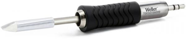 The image shows a soldering iron with a black, ribbed handle and a metallic tip. The handle has an ergonomic shape for better grip.