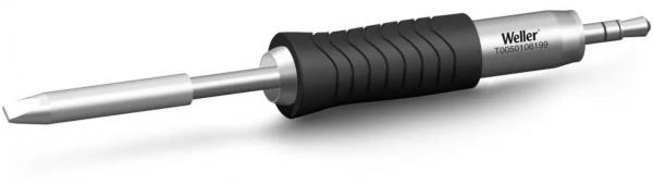 The image shows a screwdriver with a metallic, long insert and a grippy, black rubber area. The handle has a ribbed structure for better grip.