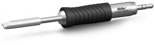 The image shows a screwdriver with a non-slip, black handle and a metallic, flat blade. The handle has lightly embossed lines for better grip.
