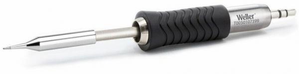 The image shows a soldering iron with a gray, non-slip grip and a silver stainless steel tip. The grip has grooves for better hold. It is often used for electronic work.