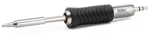 The image shows a soldering iron with a metallic, shiny heating body and a black, rubberized handle with grooves for better grip. The iron has a pointed metal tip.