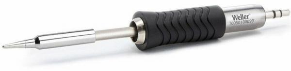The image shows a soldering iron. It has a long, slim handle with non-slip rubber grooves and a metallic tip used for soldering. The handle is gray and black.