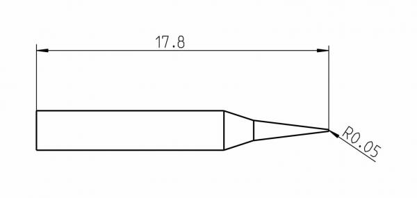 The image displays a technical drawing of an object measuring 17.8 mm in length. It features a straight, wide shaft that tapers to a pointed, rounded corner with a radius of 0.05 mm.