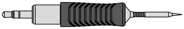 The image shows a black ballpoint pen with a grooved surface in the middle. At one end, there is a fine, pointed tip, and at the other, a thicker part for the grip.