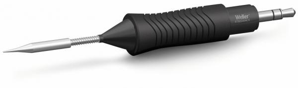 The image displays a tool with a round, textured handle in black and a long, pointed metal tip. The handle features a non-slip surface and is ergonomically shaped.