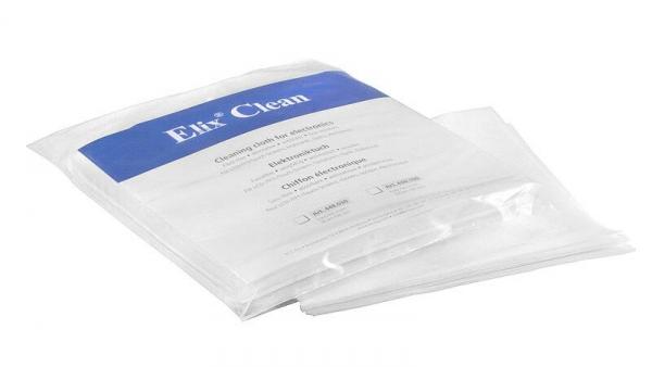 The image shows a transparent packaging with cleaning wipes. There is a blue stripe at the top with the inscription "Elix Clean". The packaging contains several disinfecting wipes.