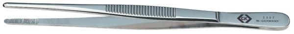 The image displays a stainless steel tweezer. It features a slim, shiny shape with a straight tip and a non-slip surface for better grip. The tweezer is lightweight and easy to handle.