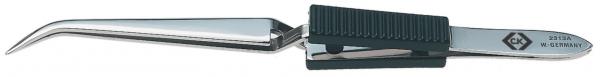 The image shows a long, curved pair of pliers made of shiny metal with a black rubber grip. It has a pointed working surface and is designed for precise handling.