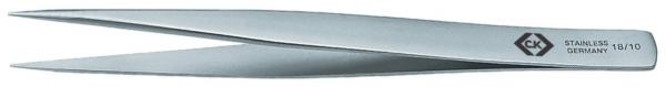 The image displays a narrow, shiny stainless steel tweezer with a pointed, tapered shape. On one side, the imprint "Stainless Germany 18/10" is visible.