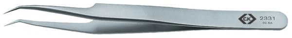 The image shows a straight, metallic tweezer. It has a narrow shape with two pointed ends that can be easily squeezed together. On one side, a logo is embossed.
