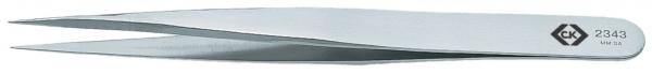 The image shows a silver metal tweezer. It has a long, narrow shape with two opposing tips that open and close easily. It is simple and functional.